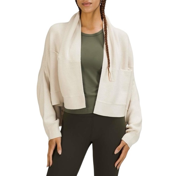 Lululemon Merino Wool-Blend Ribbed Long Wrap Cardigan Sweater Cream Sz 12 / XL - Picture 14 of 16